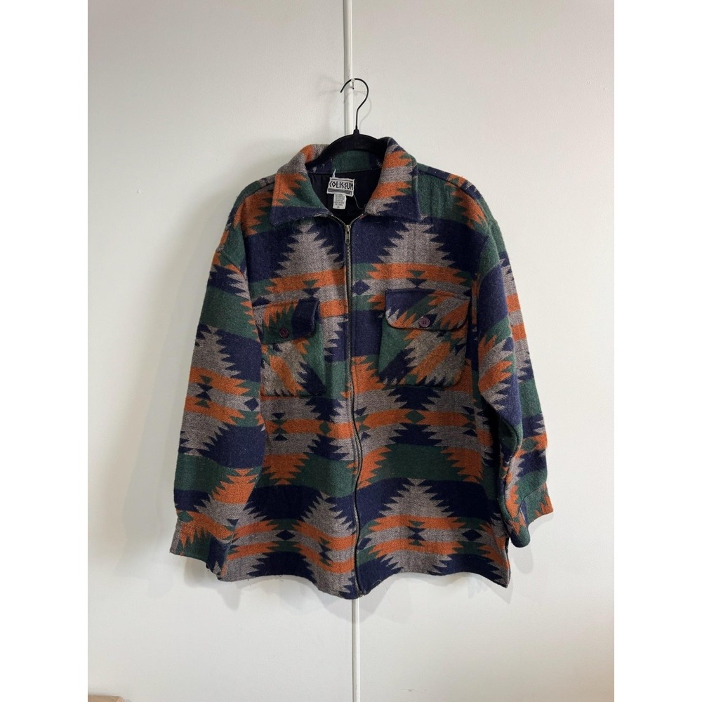 VTG Coliseum Jacket Mens XL Blue Wool Aztec Southwestern Bomber Tribal Print Zip
